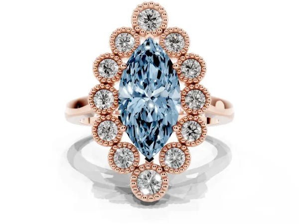 Fancy Blue Marquise Cut Halo Diamond Cluster Engagement Ring with Milgrain Bezel Setting and Solitaire Band Rose gold