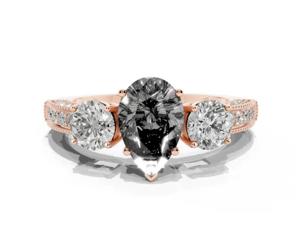 Fancy Black Pear Cut Three-Stone Diamond Ring with Pavé Band and Four-Prong Setting Rose gold