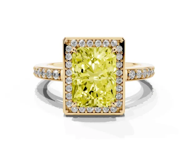 Fancy Yellow Radiant Cut Halo Pave Band Solitaire Ring with Prong Setting Yellow gold