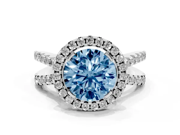 Fancy Blue Round Cut Diamond Halo Ring with Split Shank Pavé Band and Prong Setting White gold