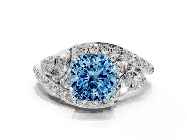 Fancy Blue Cushion Cut Diamond Halo Ring with Marquise and Pavé Band in Prong Setting White gold