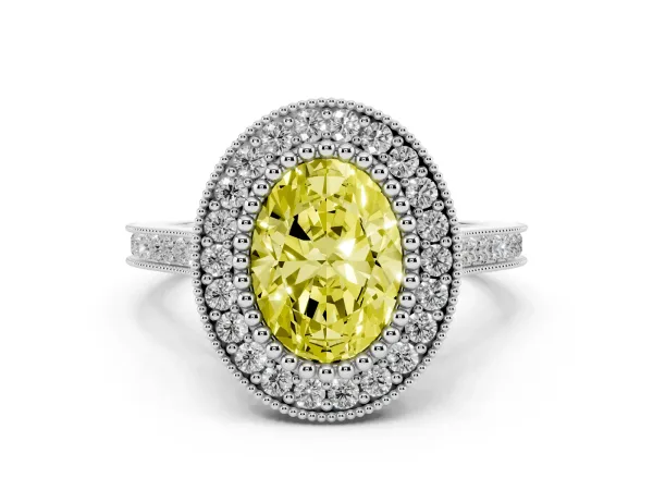 Fancy Yellow Oval Cut Diamond Halo Ring with Milgrain Frame and Pavé Band White gold