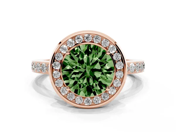 Fancy Green Round Cut Diamond Halo Ring with Bezel Frame and Pavé Band Rose gold
