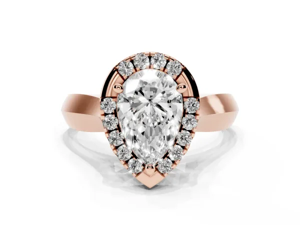 Pear Cut Cut Halo Solitaire Engagement Ring with Square Band and Four-Prong Setting Rose gold
