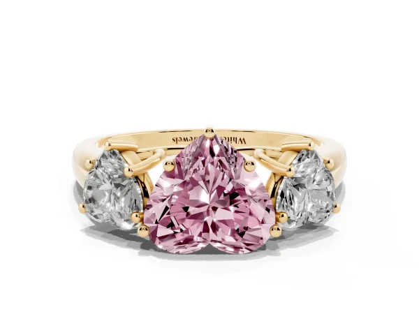 Fancy Pink Three-Stone Heart Cut Diamond Engagement Ring with Prong Setting Yellow gold