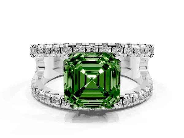 Fancy Green Asscher Cut Solitaire Split Shank Pave Diamond Ring Platinum