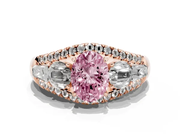Fancy Pink Three-Stone Oval Cut Diamond Engagement Ring with Pave Band and Prong Setting Rose gold