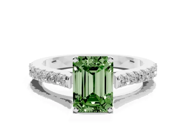 Fancy Green Emerald Cut Cut Solitaire Diamond Engagement Ring with Pave Band and Four-Prong Setting Platinum