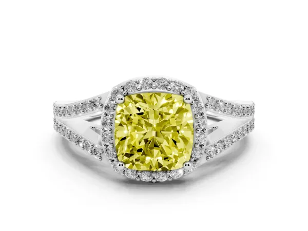 Fancy Yellow Cushion Cut Halo Split Shank Pave Diamond Ring with Four-Prong Setting Platinum