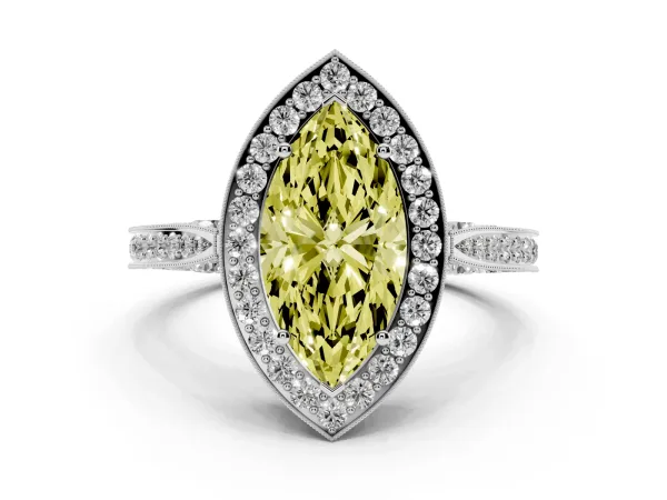 Fancy Yellow Marquise Cut Halo Diamond Engagement Ring with Split Shank Band and Four-Prong Setting Platinum