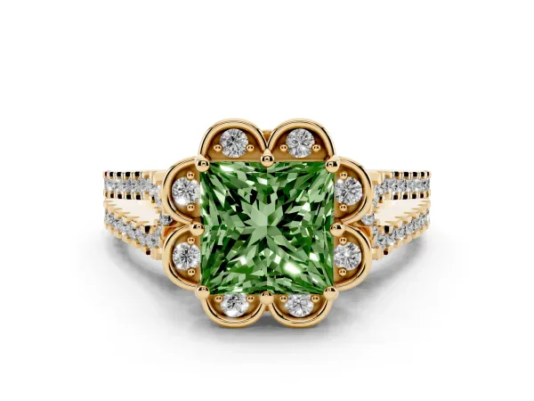 Fancy Green Princess Cut Halo Diamond Floral Split Shank Engagement Ring Yellow gold
