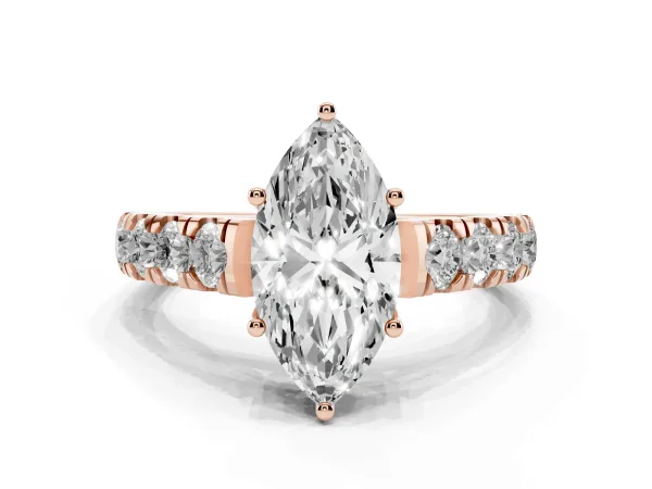 Marquise Cut Cut Diamond Solitaire Ring with Micro Pave Band and Prong Setting Rose gold