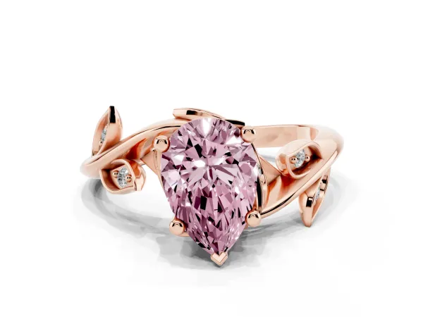 Fancy Pink Pear Cut Solitaire Twist Engagement Ring with Leaf Accents and Prong Setting Rose gold