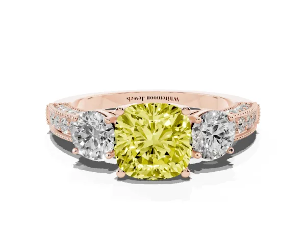 Fancy Yellow Cushion Cut Three-Stone Diamond Ring with Pavé Band and Four-Prong Setting Rose gold