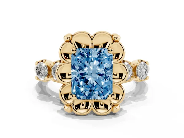 Fancy Blue Radiant Cut Cut Diamond Floral Halo Engagement Ring with Shared Prong Setting Yellow gold