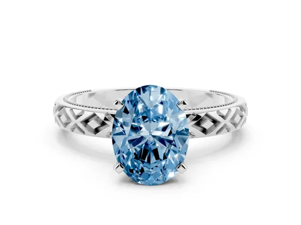 Fancy Blue Oval Cut Solitaire Diamond Ring with Milgrain and Black Enamel X Pattern Band Platinum