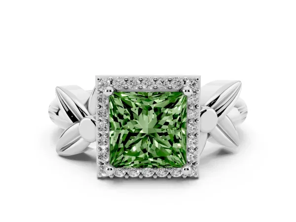 Fancy Green Princess Cut Halo Diamond Floral Band with Four-Prong Setting White gold