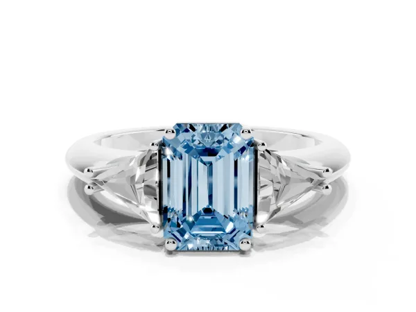 Fancy Blue Three-Stone Emerald Cut Diamond Engagement Ring with Trillion Side Stones and Prong Setting White gold