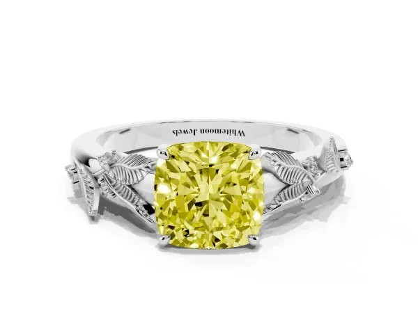 Fancy Yellow Cushion Cut Diamond Solitaire Ring with Leaf Motif Band and Four-Prong Setting Platinum