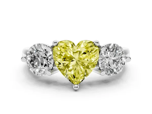 Fancy Yellow Three-Stone Heart Cut Brilliant Cut Solitaire Ring with Prong Setting on a Classic Band White gold
