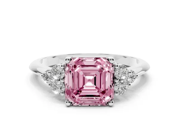 Fancy Pink Asscher Cut Cut Diamond Cluster Ring with Solitaire Band and Four-Prong Setting Platinum