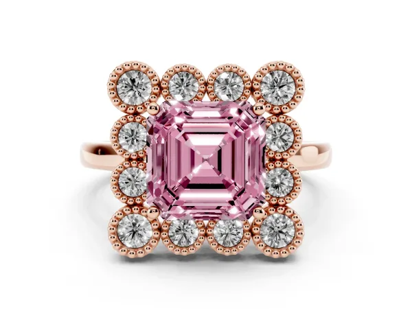 Fancy Pink Asscher Cut Halo Diamond Cluster Engagement Ring with Milgrain Bezel Setting and Solitaire Band Rose gold