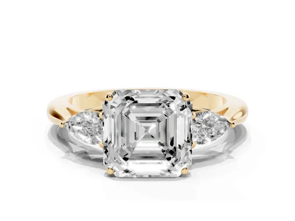 Three-Stone Asscher Cut Brilliant Diamond Solitaire Ring with Tapered Band and Four-Prong Setting Yellow gold