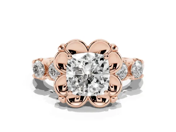Cushion Cut Cut Diamond Floral Halo Engagement Ring with Shared Prong Setting Rose gold