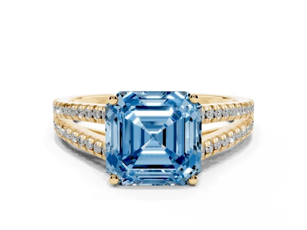 Fancy Blue Asscher Cut Diamond Solitaire Engagement Ring with Split Shank Pavé Band Yellow gold