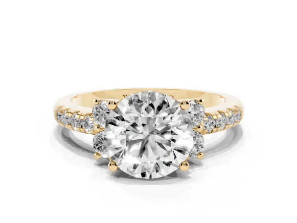 Round Cut Diamond Three-Stone Pave Band with Four-Prong Setting Yellow gold