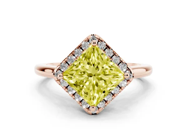Fancy Yellow Princess Cut Halo Round Diamond Solitaire Engagement Ring with Pave Band and Four-Prong Setting Rose gold