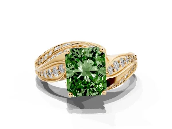 Fancy Green Radiant Cut Diamond Solitaire Ring with Prong Setting and Twisted Pavé Band Yellow gold