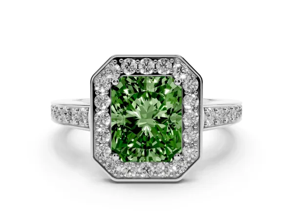 Fancy Green Radiant Cut Halo Pavé Diamond Engagement Ring with Bezel Setting Platinum