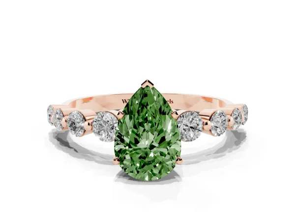 Fancy Green Pear Cut Solitaire Diamond Ring with Pave Band and Four-Prong Setting Rose gold