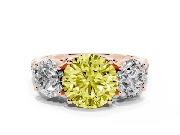 Fancy Yellow Three-Stone Round Cut Diamond Pavé Band with Prong Setting Rose gold