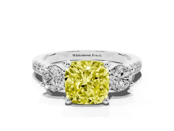 Fancy Yellow Three-Stone Cushion Cut Diamond Pavé Band with Four-Prong Setting White gold