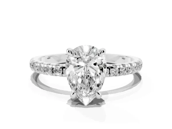 Pear Cut Diamond Brilliant Solitaire Ring with Pavé Band and Four-Prong Setting White gold