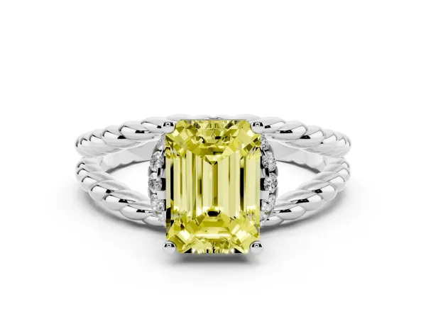 Fancy Yellow Emerald Cut Halo Twisted Band Four-Prong Ring Platinum