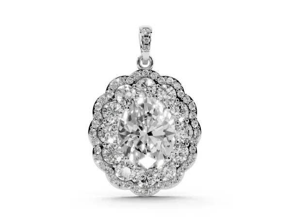 Oval Diamond Floral Halo Pendant with Diamond Accents Silver