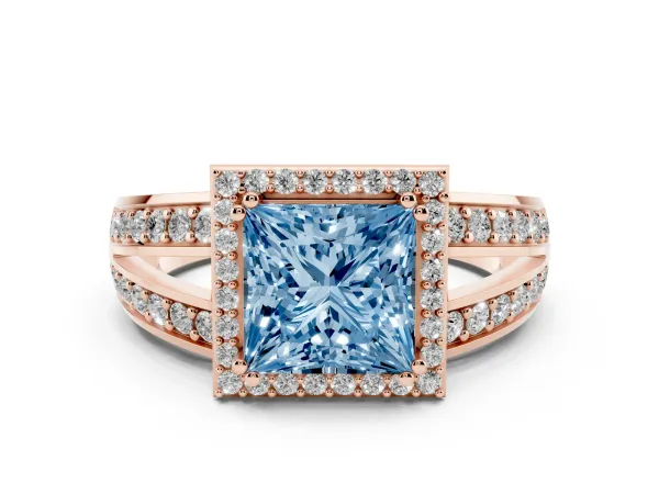 Fancy Blue Princess Cut Diamond Halo Ring with Split Shank Pavé Band and Four-Prong Setting Rose gold
