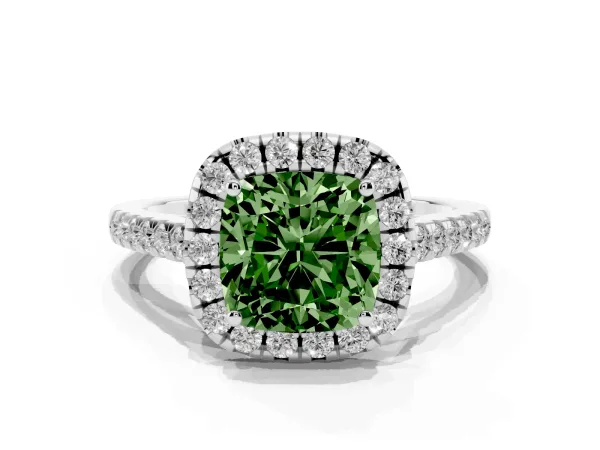 Fancy Green Cushion Cut Halo Pavé Diamond Engagement Ring with Four-Prong Setting White gold