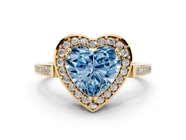 Fancy Blue Heart Cut Diamond Halo Ring with Split Shank and Four-Prong Setting Yellow gold