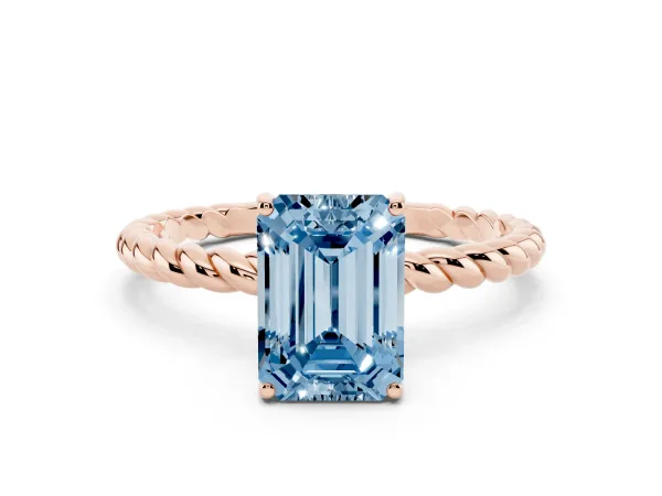 Fancy Blue Emerald Cut Solitaire Twist Band Ring with Four-Prong Setting Rose gold