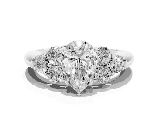 Pear Cut Cut Diamond Cluster Ring with Round Accent Stones and Prong Setting on a Classic Band Platinum