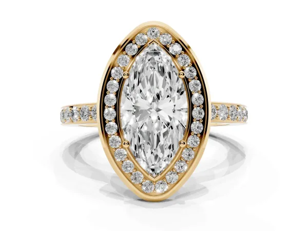 Marquise Cut Diamond Halo Ring with Bezel Frame and Pavé Band Yellow gold