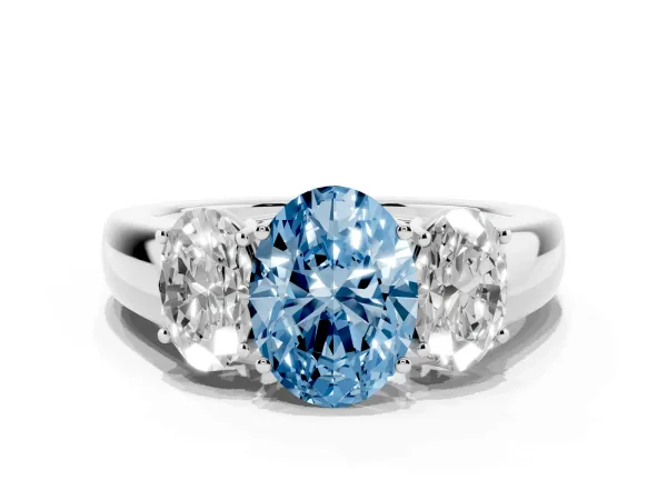 Fancy Blue Three-Stone Oval Cut Cut Diamond Ring with Prong Setting and Classic Band Platinum