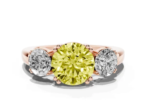 Fancy Yellow Three-Stone Round Cut Cut Diamond Ring with Channel Set Band and Four-Prong Setting Rose gold