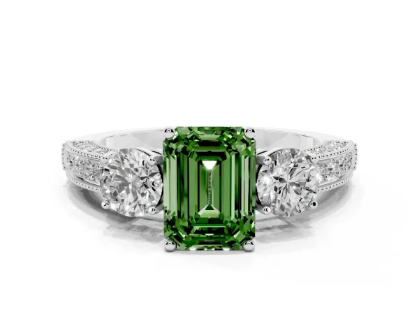 Fancy Green Emerald Cut Three-Stone Diamond Ring with Pavé Band and Four-Prong Setting White gold