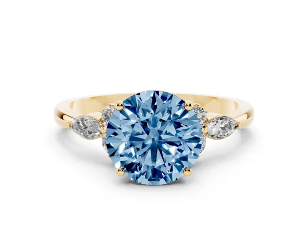Fancy Blue Round Cut Brilliant Diamond Solitaire Ring with Pear Side Stones and Four-Prong Setting Yellow gold