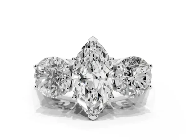 Three-Stone Marquise Cut Diamond Engagement Ring with Prong Setting on a Classic Band Platinum